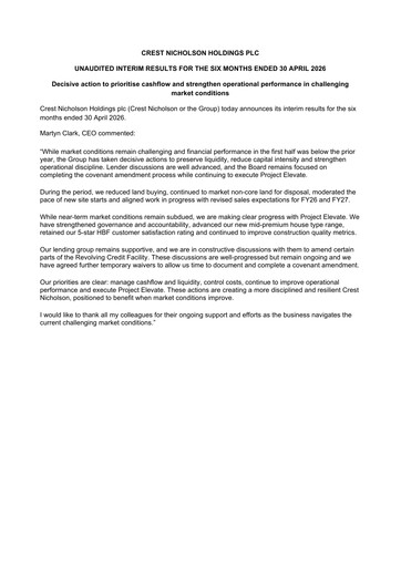 Thumbnail Crest Nicholson Holdings plc Half-year Report 2026-h1