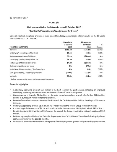 Thumbnail Volex plc Half-year Report 2017-h1