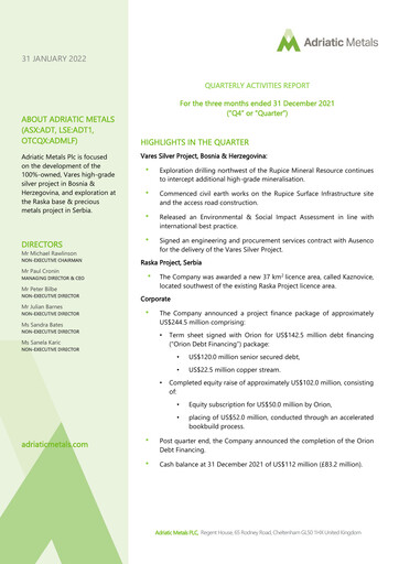 Thumbnail Adriatic Metals Quarterly Report 2021-q4