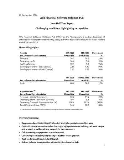 Thumbnail Alfa Financial Software Half-year Report 2020