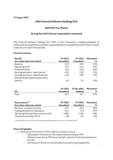 Thumbnail Alfa Financial Software Half-year Report 2023