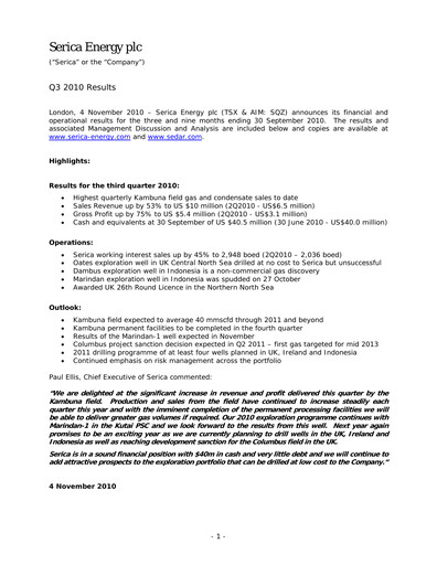 Thumbnail Serica Energy Quarterly Report 2010-q3
