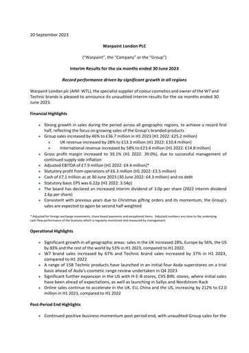 Thumbnail Warpaint London PLC Half-year Report 2023-h1