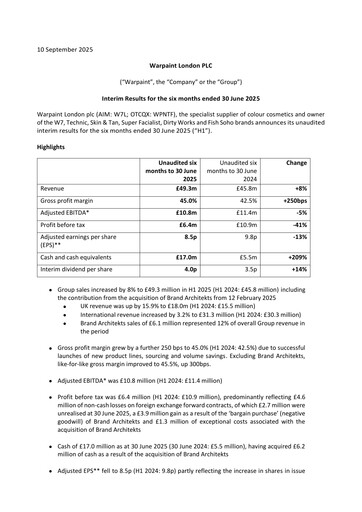 Thumbnail Warpaint London PLC Half-year Report 2025-h1