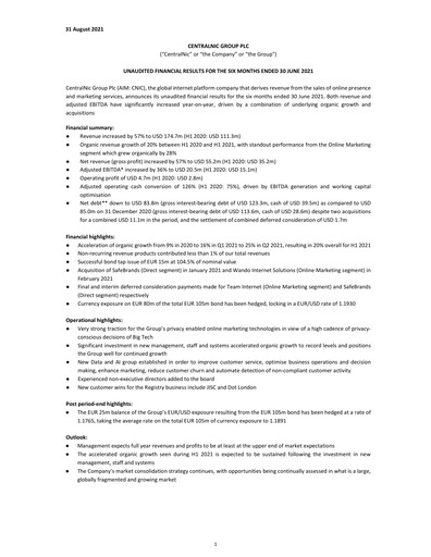 Miniature Team Internet Group Bilan financier 2021-h1