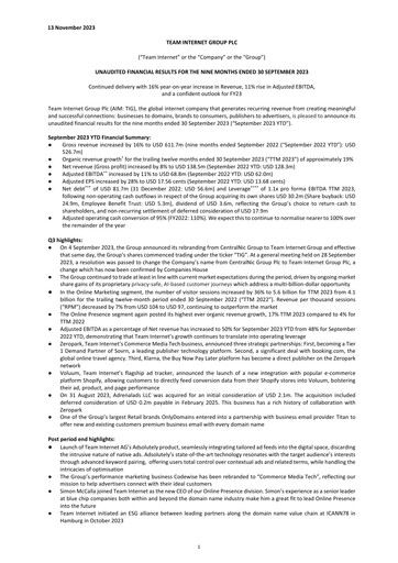 Miniature Team Internet Group Bilan financier 2023-9m