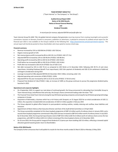 Miniature Team Internet Group Bilan financier 2023