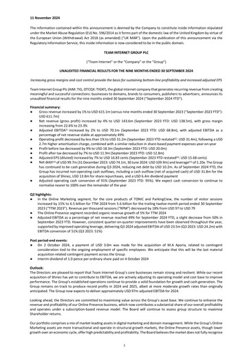 Miniature Team Internet Group Bilan financier 2024-9m