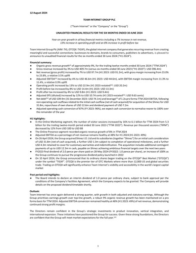 Miniature Team Internet Group Bilan financier 2024-h1