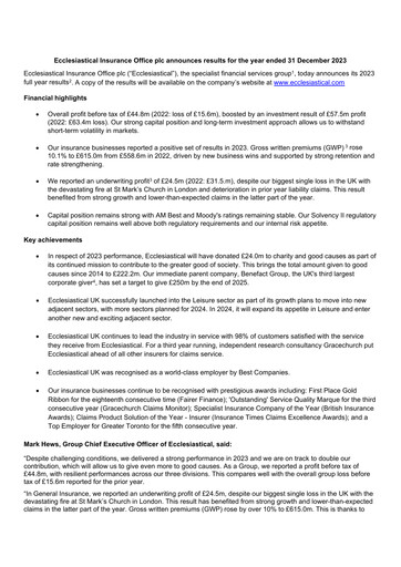 Thumbnail Ecclesiastical Insurance Office plc Financial Report 2023
