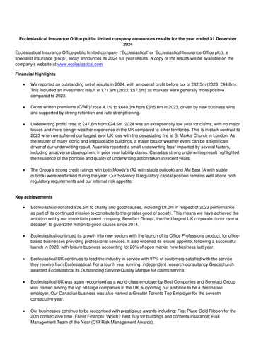 Thumbnail Ecclesiastical Insurance Office plc Financial Report 2024