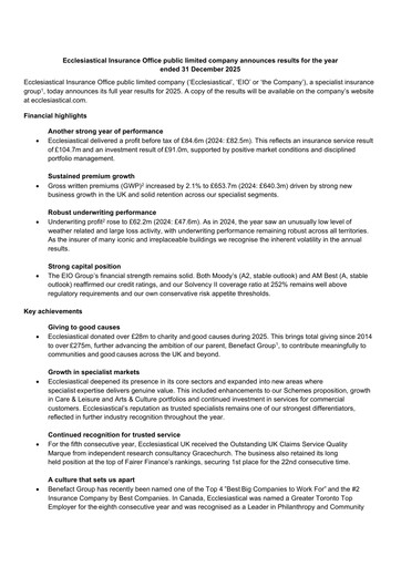 Thumbnail Ecclesiastical Insurance Office plc Financial Report 2025