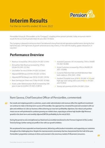 Miniature PensionBee Group Rapport semestriel 2022-h1
