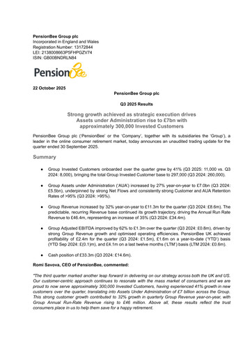 Miniature PensionBee Group Rapport trimestriel 2025-q3