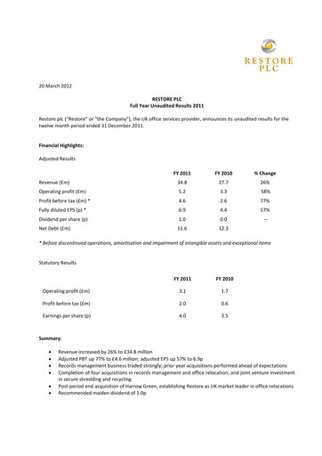 Thumbnail Restore plc Financial Report 2011
