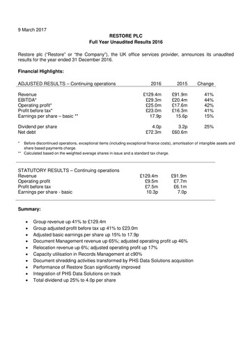 Thumbnail Restore plc Financial Report 2016