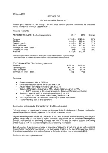 Thumbnail Restore plc Financial Report 2017