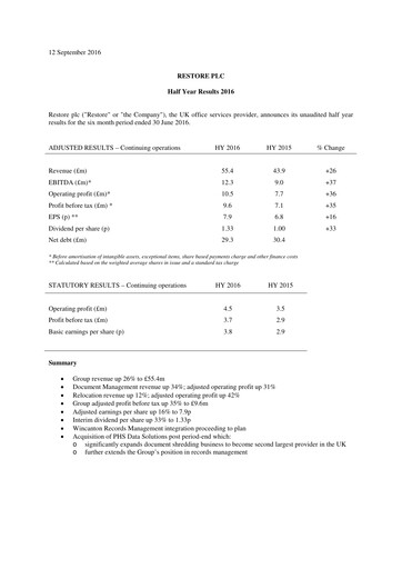 Thumbnail Restore plc Half-year Report 2016-h1