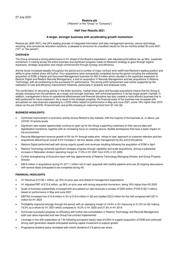 Thumbnail Restore plc Half-year Report 2021-h1