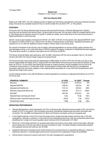 Thumbnail Restore plc Half-year Report 2023-h1