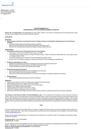 Thumbnail Oxford Biomedica Half-year Report 2015-h1