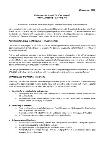 Thumbnail LSL Property Services plc Half-year Report 2025-h1