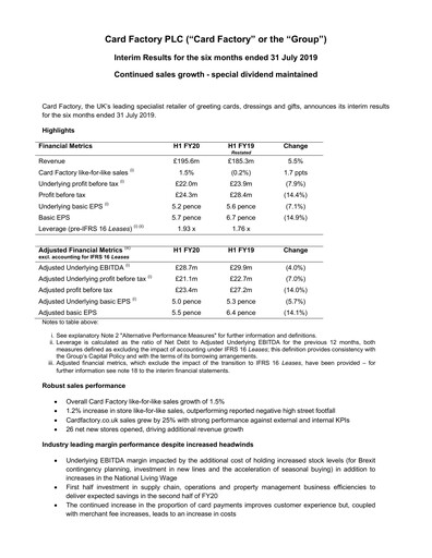 Thumbnail Card Factory plc Half-year Report 2019-h1
