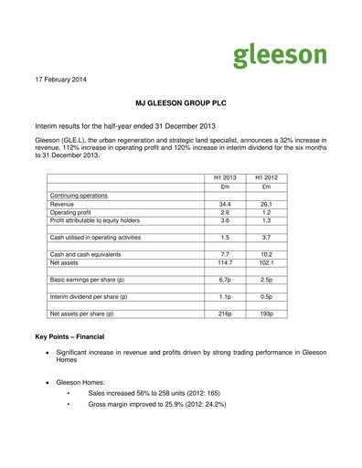 Thumbnail MJ Gleeson plc Half-year Report 2013-h1