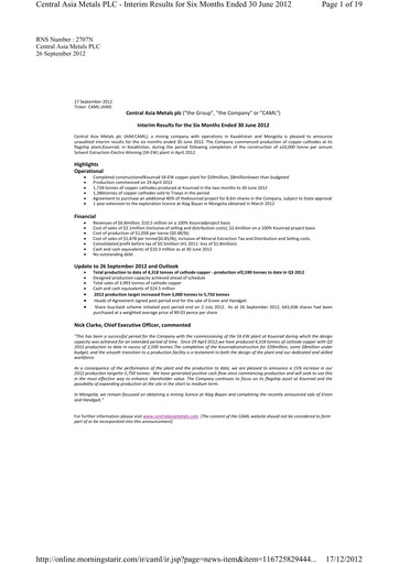 Miniature Central Asia Metals Rapport semestriel 2012-h1