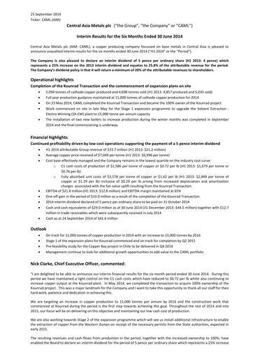 Miniature Central Asia Metals Rapport semestriel 2014-h1