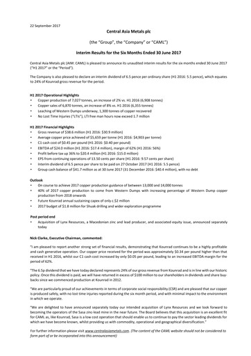 Miniature Central Asia Metals Rapport semestriel 2017-h1