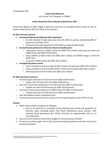 Miniature Central Asia Metals Rapport semestriel 2021-h1