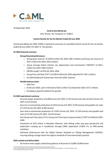 Miniature Central Asia Metals Rapport semestriel 2024-h1
