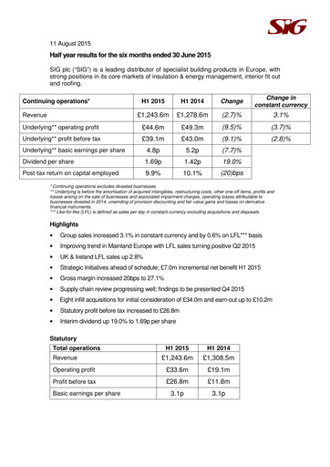 Thumbnail SIG plc Half-year Report 2015-h1