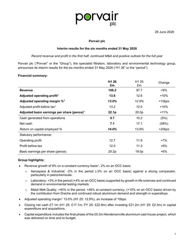 Thumbnail Porvair plc Half-year Report 2026-h1