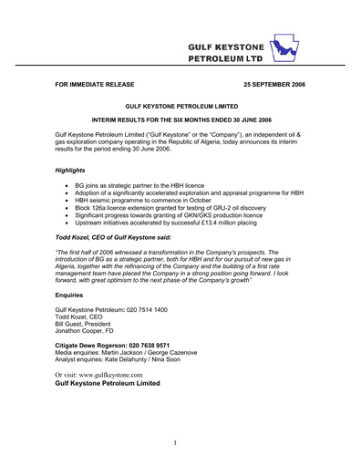 Thumbnail Gulf Keystone Petroleum Half-year Report 2006-h1