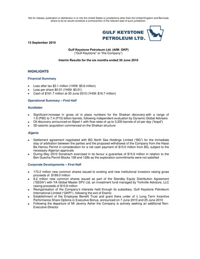 Thumbnail Gulf Keystone Petroleum Half-year Report 2010-h1