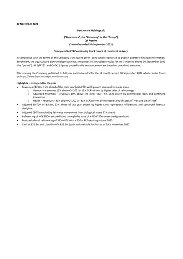 Thumbnail Benchmark Holdings Quarterly Report 2022-q4