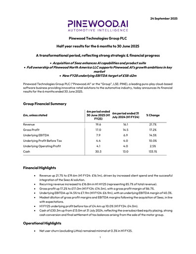 Thumbnail Pinewood Technologies Group Half-year Report 2025-h1