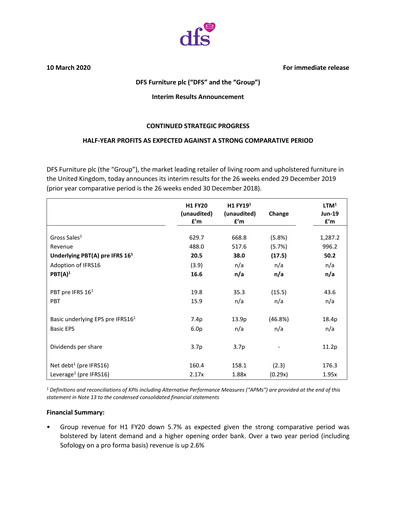 Thumbnail DFS Furniture Half-year Report 2020-h1