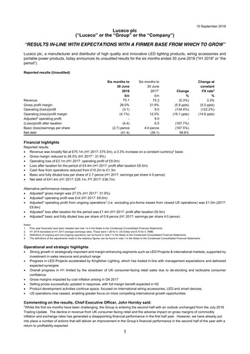Miniature Luceco plc Rapport semestriel 2018-h1
