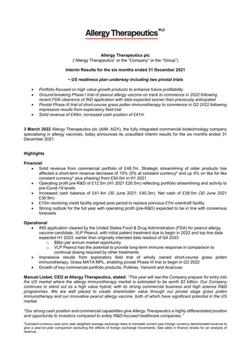 Thumbnail Allergy Therapeutics Half-year Report 2021-2022