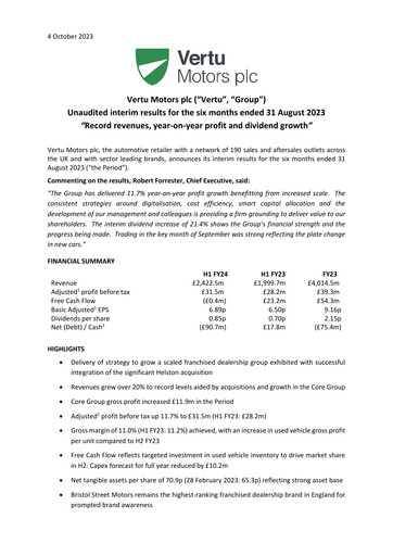 Miniature Vertu Motors Rapport semestriel fy2024-h1