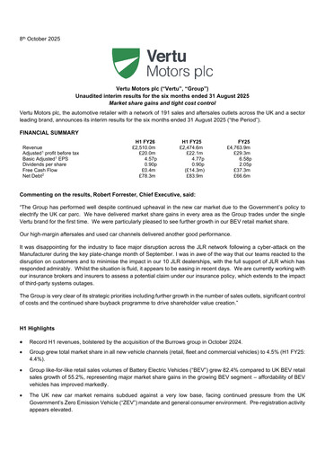 Miniature Vertu Motors Rapport semestriel fy2026-h1