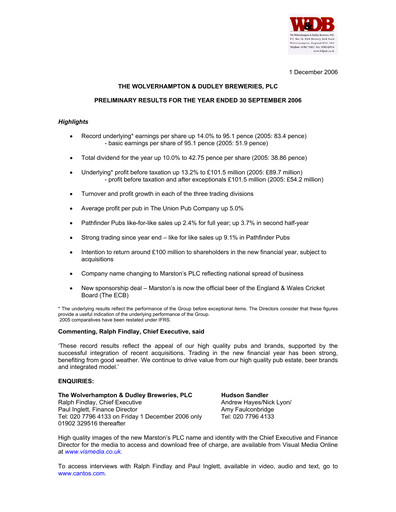 Thumbnail Marston's Financial Report 2006