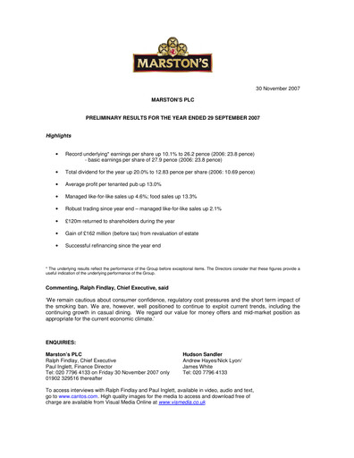 Thumbnail Marston's Financial Report 2007