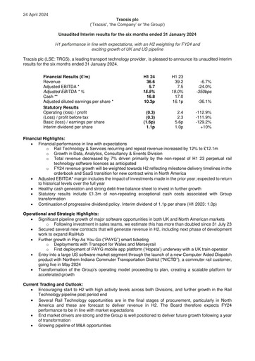 Thumbnail Tracsis Half-year Report 2024-h1