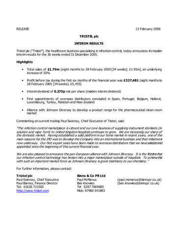 Miniature Tristel Rapport semestriel fy2006-h1
