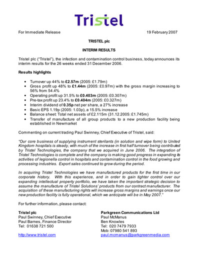 Miniature Tristel Rapport semestriel fy2007-h1
