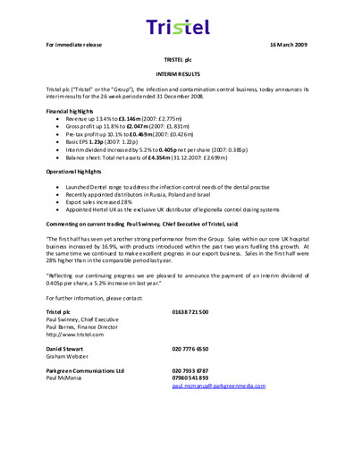 Miniature Tristel Rapport semestriel fy2009-h1